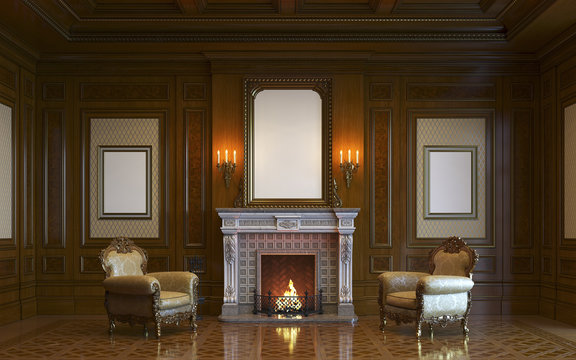 A classic interior with wood paneling and fireplace. 3d render.