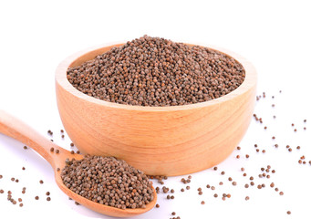 Organic natural sesame seeds on wooden spoon (Perilla frutescens