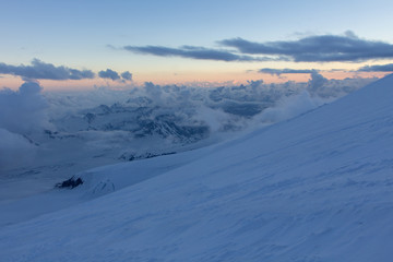 Snowy and deserted slopes of Mount Elbrus