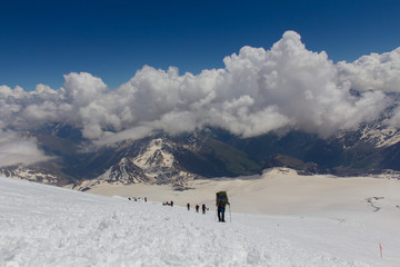Fototapeta na wymiar 2014 07 Mount Elbrus, Russia: Climbing on mountain Elbrus