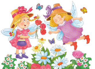 Obraz na płótnie Canvas Two cute fairies among the flowers. Fairy tale. Illustration for children. Funny cartoon characters