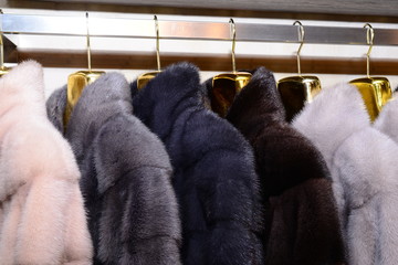 Luxury mink coats. Pink, grey, dark grey, pearl color fur coats on showcase of market. Best gift...