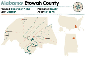 Large and detailed map of Etowah County in Alabama