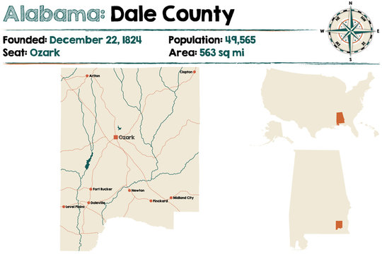Large and detailed map of Dale County in Alabama