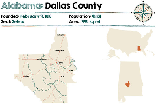 Large and detailed map of Dallas County in Alabama