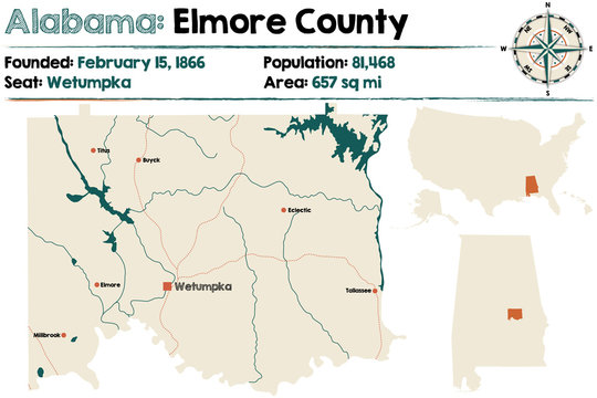 Large and detailed map of Elmore County in Alabama