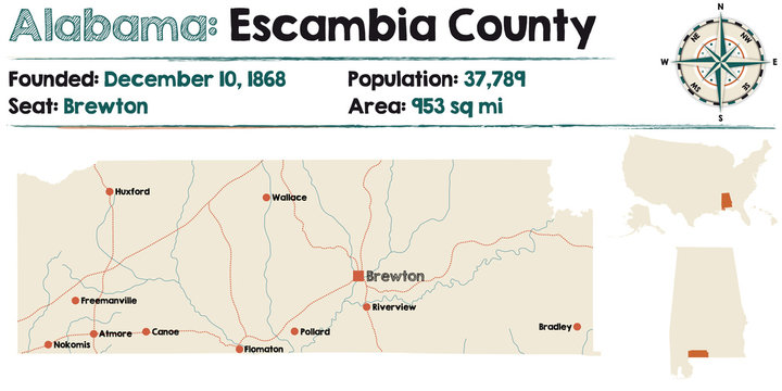 Large and detailed map of Escambia County in Alabama