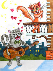 Illustration cat sings under balcony