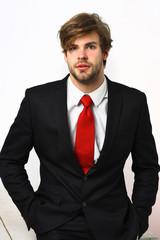 Caucasian stylish business man with moustache in elegant black suit