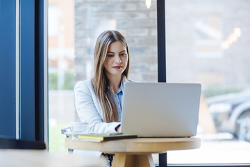 Obraz premium Beautiful Young Woman Working on Laptop