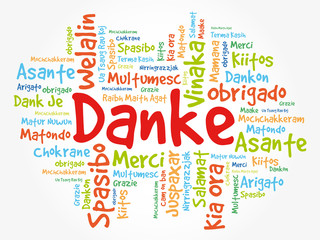 Danke (Thank You in German) Word Cloud background, all languages, multilingual for education or thanksgiving day