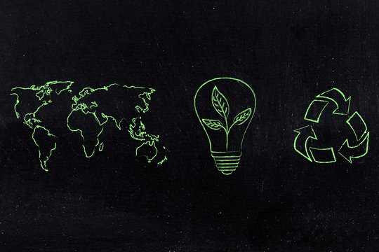 world map and recycle logo next to lightbulb with leaves growing inside of it