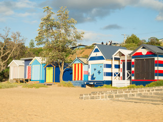 Fototapeta na wymiar Colourful bathing boxes in Mornington on the Mornington Peninsula