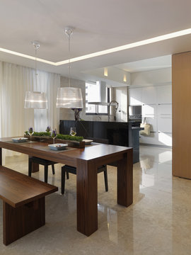 Interior view of modern dining area and kitchen