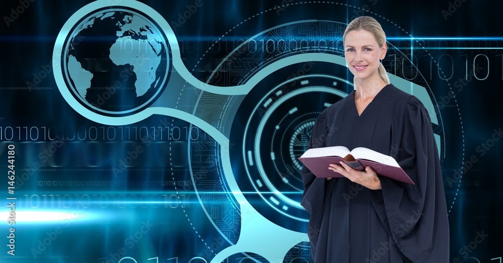 Poster digital composite image of judge against virtual screen