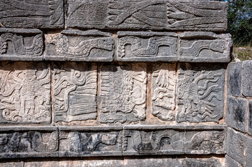 Well preserved bas-relief detail of Mayan ruins at Chichen Itza, Mexico