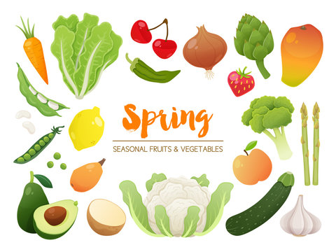 Collection Of Seasonal Fruits And Vegetables. Spring Time Collection. Vector Illustration.