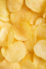 Crispy potato chips background. top view 