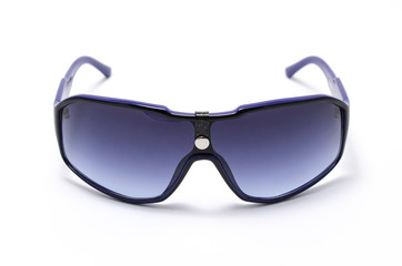 Sunglasses in dark blue frame with blue glass isolated on white