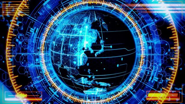 3D Blue Rotating HoloMatrix Earth with Orange HUD Interface