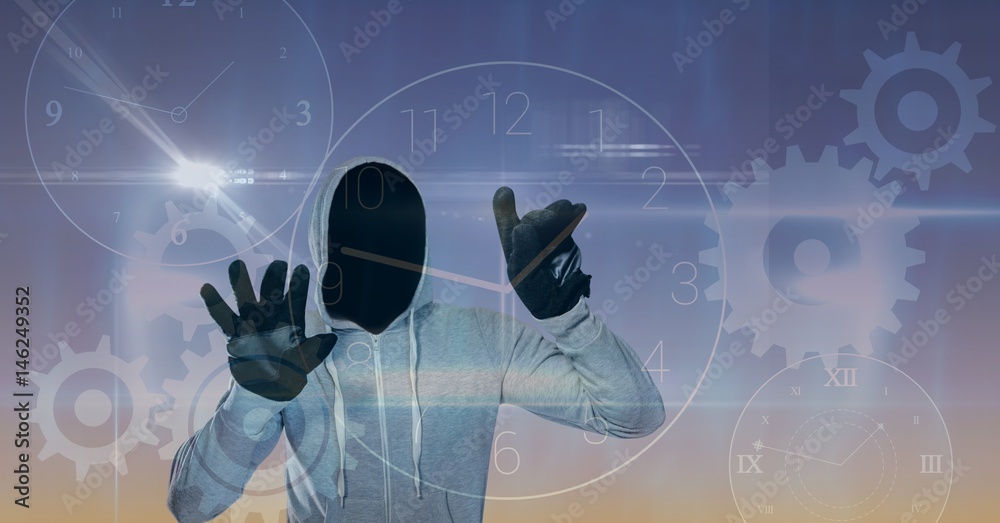 Poster digital composite image of hacker touching screen