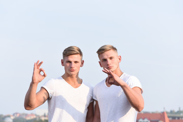 Naklejka premium caucasian twins posing with serious face on sky background