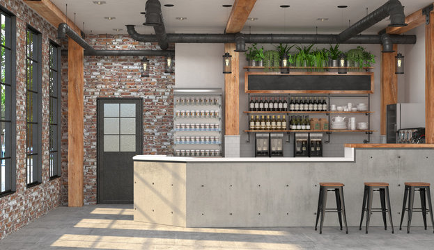 Modern design of the bar in loft style.  3D visualization of the interior of a cafe with a bar counter.