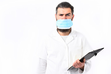 Bearded brutal caucasian doctor or postgraduate student