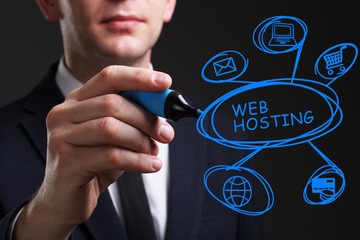 Business, Technology, Internet and network concept. Young business man writing word: Web hosting