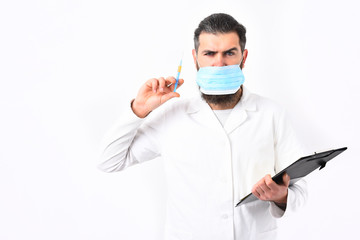 Bearded brutal caucasian doctor or postgraduate student