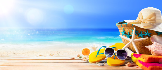 Fototapeta Beach Accessories On Deck Beach - Summer Holidays
 obraz