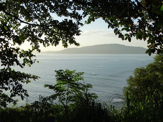 Spectacular brazilian landscape of the Bay of Santos, in the state of São Paulo, with star-shaped...