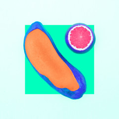 Papaya and grapefruit. Minimal art fruit