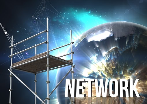 Network Text with 3D Scaffolding and planet earth interface