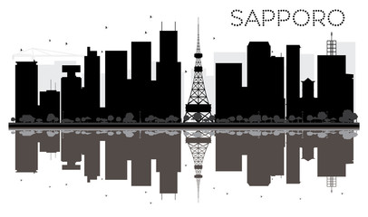 Sapporo City skyline black and white silhouette with reflections.