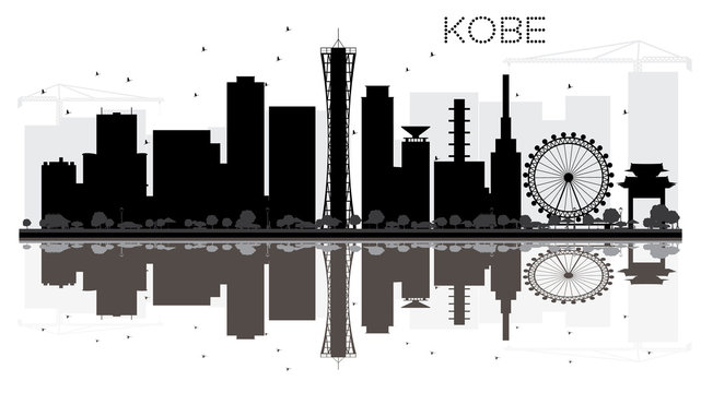 Kobe City skyline black and white silhouette with reflections.