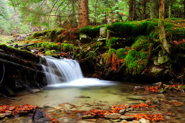 Mountain river cascade in early Autumn
