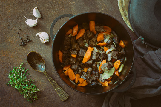 Beef stew in a cast iron pan