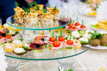 Snacks and delicacies at the Banquet or the reception. A gala reception. Catering.