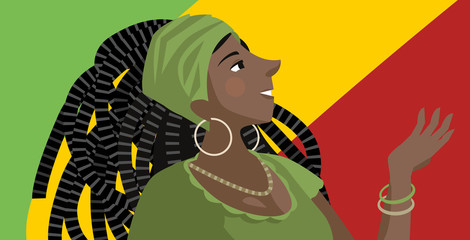 Naklejka premium happy cute beautiful african rasta dreadlocks girl with red green and yellow flag