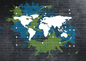 Colorful Map with paint splatters on wall background