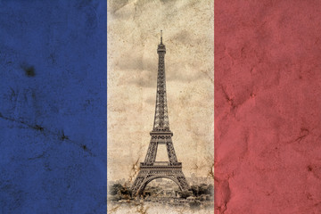 Eiffel Tower in Paris in the colors of the French national flag background. Vintage view. Tour...