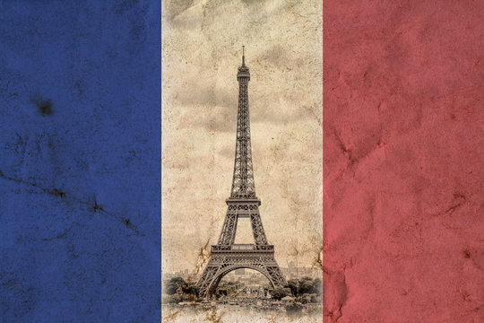 Eiffel Tower in Paris in the colors of the French national flag background. Vintage view. Tour Eiffel old retro style photo with cracks crumpled paper. 
