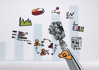 Android hand holding earth with drawings graphics