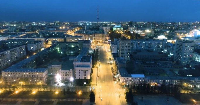 Aerial shot of city at night. Chelyabinsk, Russia	