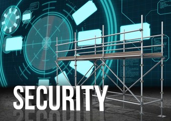 Security Text with 3D Scaffolding and technology interface