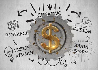 Composite image on dollar sign and business drawings