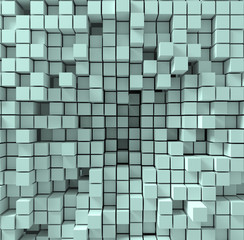aquamarine Background consisting of chaotically squeezed cubes, 3d render, 3d illustration