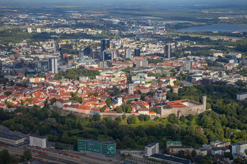 Fototapeta na wymiar Aerial view from helicopter at old town of Tallinn, Estonia.