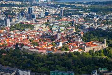 Aerial view from helicopter at old town of Tallinn, Estonia.